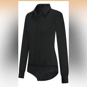 TAPATA Women's Bodysuit Black Button Down Shirt office work shirt Small/ 0219